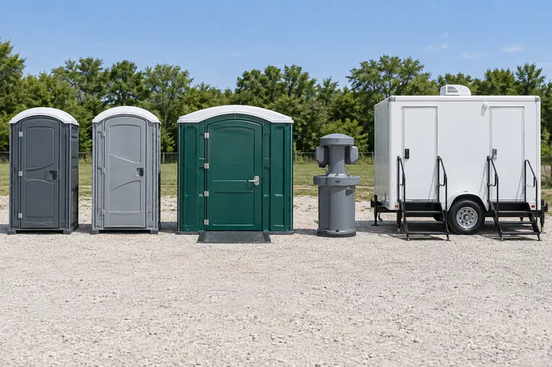 Portable toilet cabins, a wider accessible unit, handwashing station and restroom trailer